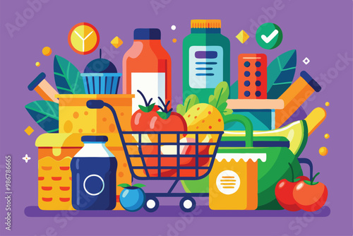 A vibrant illustration shows a variety of grocery items including fruits, vegetables, and packaged goods, Customizable grocery shopping illustration that is disproportionate.
