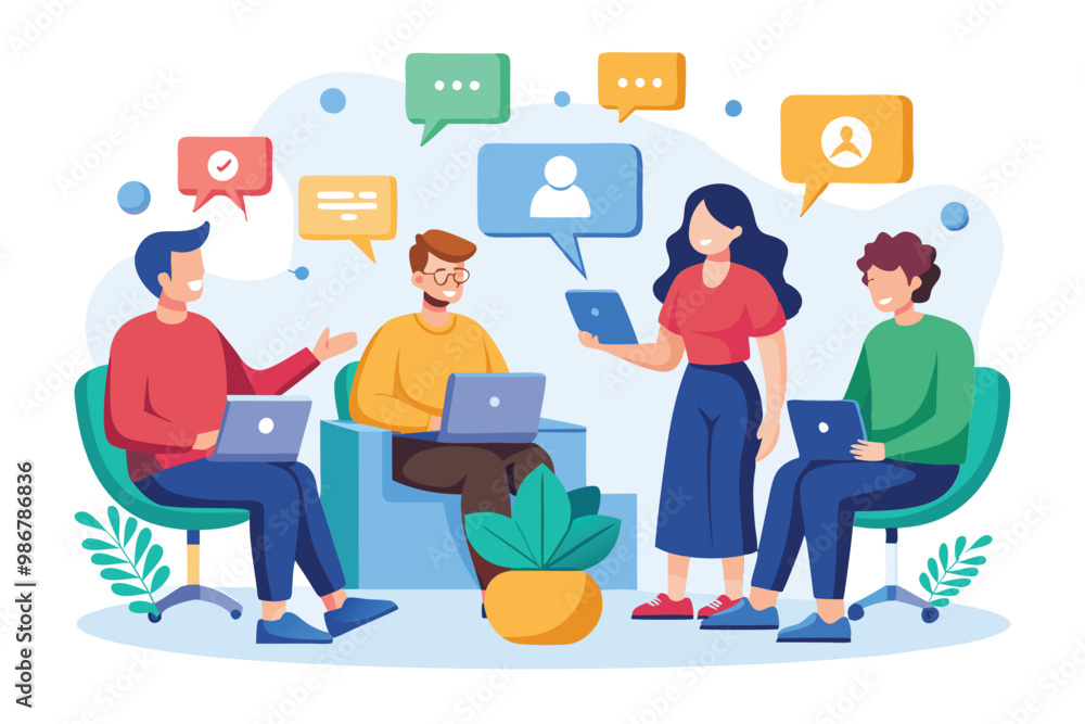 A group of four individuals engages in a collaborative discussion, sharing ideas and using technology, Customizable group discussion with disproportionate illustration. A group of four individuals engages in a collaborative discussion, sharing ideas and using technology, Customizable group discussion with disproportionate illustration.