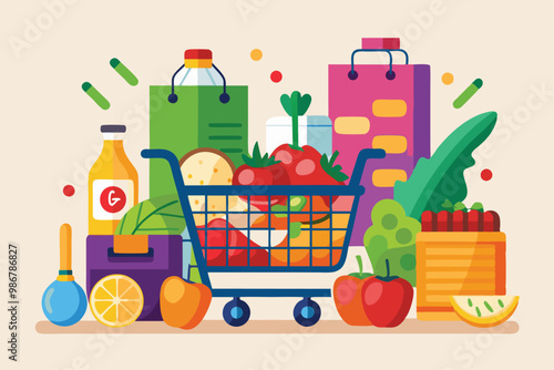 A colorful shopping cart filled with fresh fruits, vegetables, and packaged items ready for grocery shopping, Customizable flat illustration for grocery shopping.