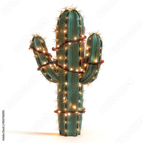 A large cactus with glowing Black Friday lights wrapped around it, festive and eye-catching, isolated on white background