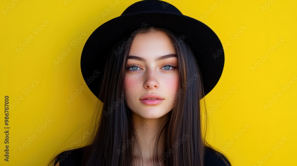 Portrait of a young woman with long straight hair, wearing a hat, isolated on a pastel yellow background, bright expression. Portrait of a young woman with long straight hair, wearing a hat, isolated on a pastel yellow background, bright expression.