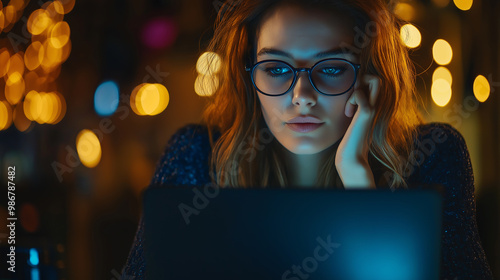 Focused young woman working late on laptop in cafe with bokeh lights