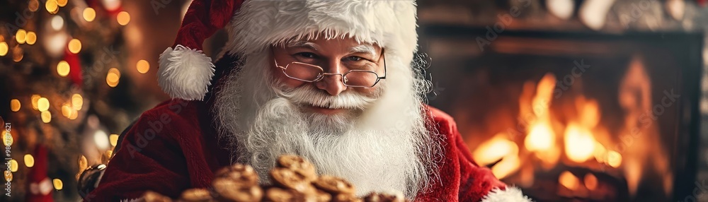 Festive Santa Claus smiling by the fireplace, surrounded by Christmas decorations, perfect for holiday-themed projects. Festive Santa Claus smiling by the fireplace, surrounded by Christmas decorations, perfect for holiday-themed projects.