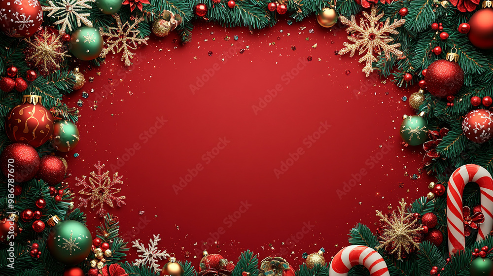 Christmas background with red and green decorations and blank center for text Christmas background with red and green decorations and blank center for text