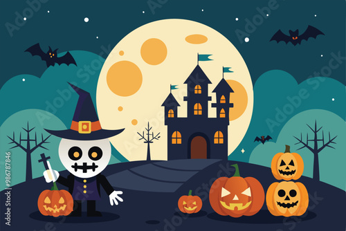 Prepare for Halloween fun with this colorful illustration of a festive party featuring pumpkins and a castle, Customizable Halloween party illustration.