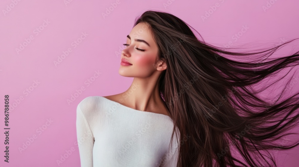 Young woman with long, flowing hair, standing against a pastel lavender background, casual and elegant look. Young woman with long, flowing hair, standing against a pastel lavender background, casual and elegant look.