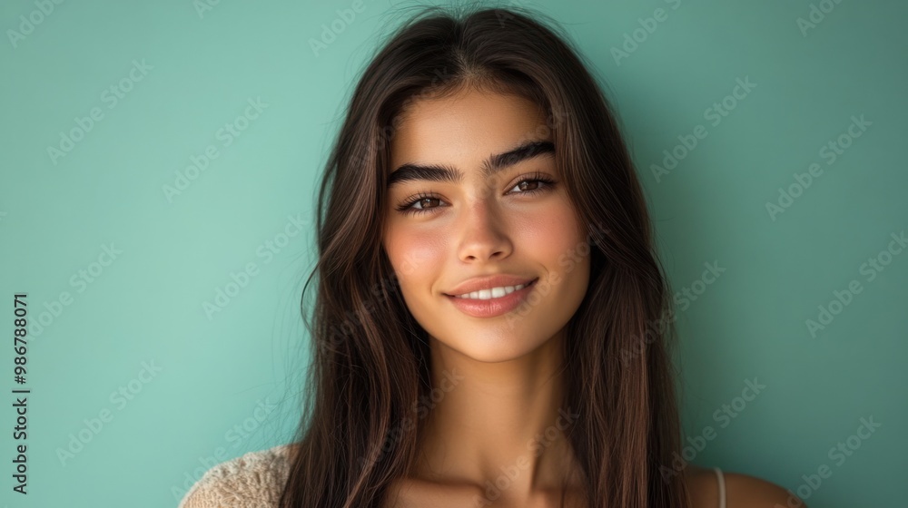 Young woman with long hair, subtle smile, standing confidently against a pastel green background, soft natural lighting. Young woman with long hair, subtle smile, standing confidently against a pastel green background, soft natural lighting.