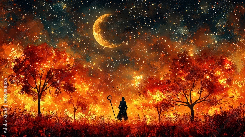 Fototapeta premium Enchanted Night with Moon and Autumn Trees