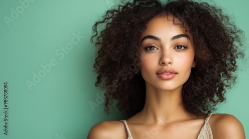 Young woman with loose curls, wearing a casual top, standing confidently against a pastel green background.