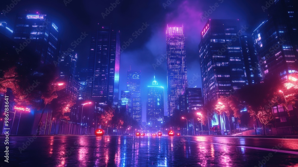 Neon Cityscape at Night with Reflective Streets Neon Cityscape at Night with Reflective Streets