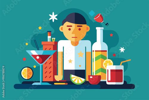 This colorful illustration features a person displaying signs of a hangover surrounded by various alcoholic beverages, Customizable Hangover Illustration
