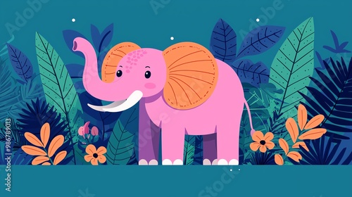 Friendly cartoon elephant flat design front view jungle theme animation vivid photo