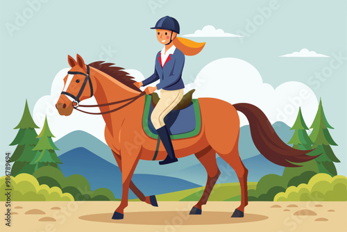 A rider enjoys horseback riding through a picturesque landscape with mountains and trees, Customizable horseback riding illustration