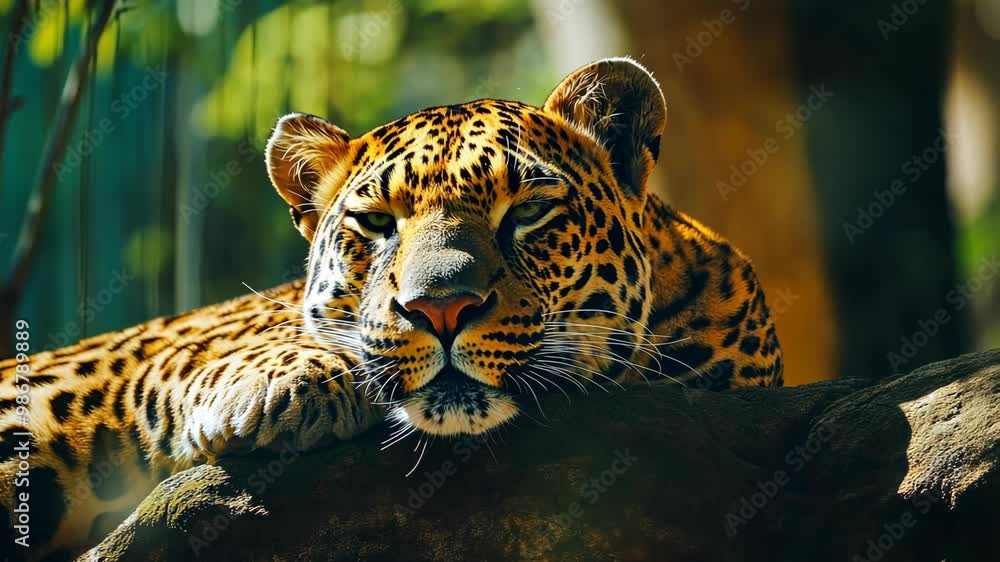 Leopard resting on a rock in a lush green environment at the local wildlife sanctuary during the afternoon Leopard resting on a rock in a lush green environment at the local wildlife sanctuary during the afternoon