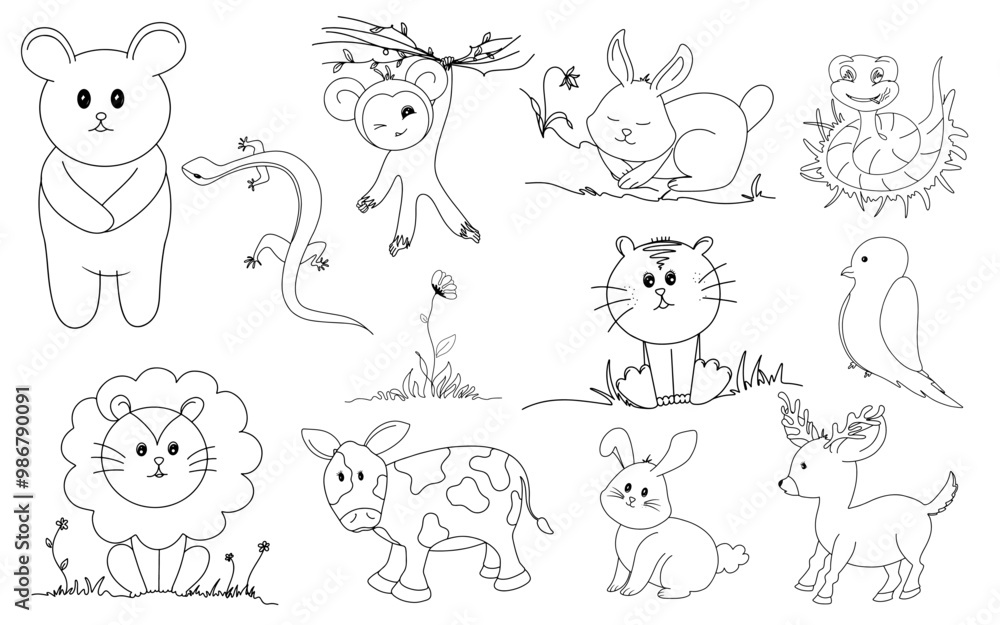 Hand drawn line art cartoon doodle animal wildlife collection of Rabbit, Snake, Bird, Cow, Bear, Lizard, Cat, Lion, Deer, Monkey Hand drawn line art cartoon doodle animal wildlife collection of Rabbit, Snake, Bird, Cow, Bear, Lizard, Cat, Lion, Deer, Monkey