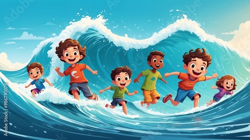 Playful Kids Chasing Waves Cartoon Background Design