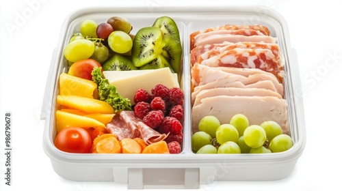 A photorealistic image of a kids' lunchbox featuring a delightful charcuterie board inside, filled with slices of turkey, an assortment of fresh fruit, and various cheeses.  photo