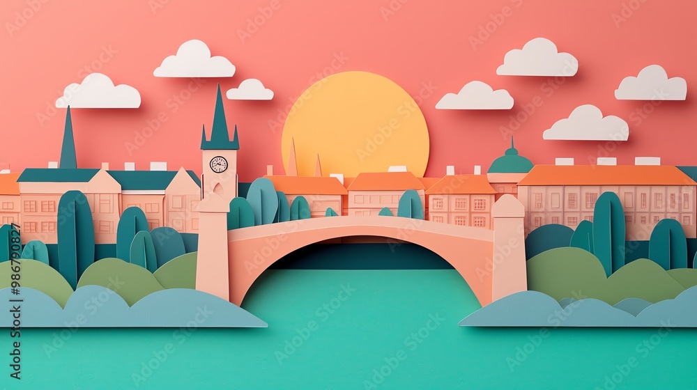 Charles Bridge, Prague, stone bridge and river in layers, paper craft Charles Bridge, Prague, stone bridge and river in layers, paper craft