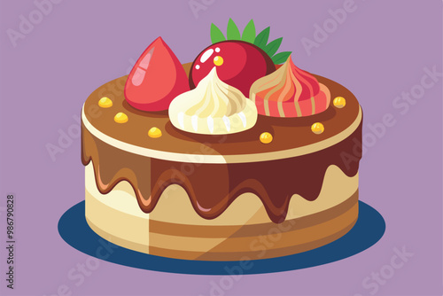 A delightful illustration of a customizable ice cream cake adorned with vibrant toppings and chocolate icing, Customizable ice cream cake illustration, semi-flat.