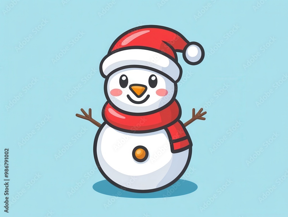 A cheerful snowman wearing a red hat and scarf against a light blue background, perfect for festive holiday designs. A cheerful snowman wearing a red hat and scarf against a light blue background, perfect for festive holiday designs.