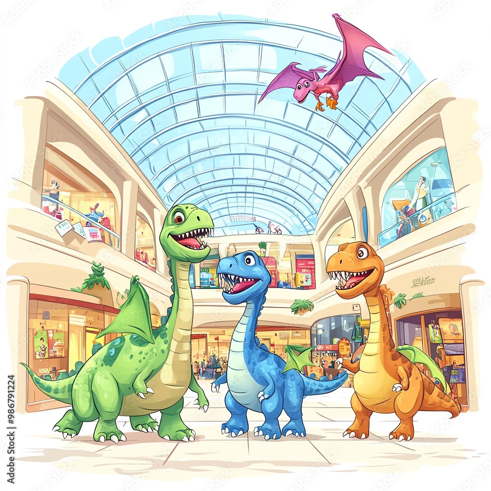 Fototapeta premium Dinosaurs in a shopping mall during Black Friday, cartoon style, colorful and lively, isolated on white background