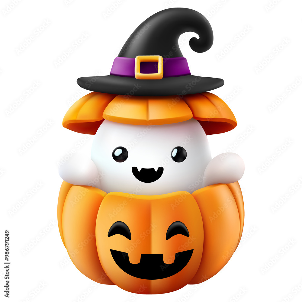 Cute Halloween ghost character inside a smiling Jack-O'-Lantern wearing a witch hat, perfect for Halloween decorations, Trick or Treat events, and festive party designs Cute Halloween ghost character inside a smiling Jack-O'-Lantern wearing a witch hat, perfect for Halloween decorations, Trick or Treat events, and festive party designs