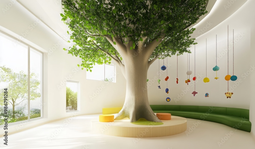 A playful tree centerpiece in the middle of an early childhood ...