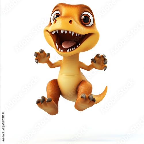 A baby dinosaur jumping with joy over Black Friday sales, playful cartoon style, isolated on white background