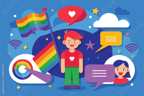 A young person stands confidently with a rainbow flag, promoting love and acceptance while confronting bullying, Customizable illustration against homophobic bullying