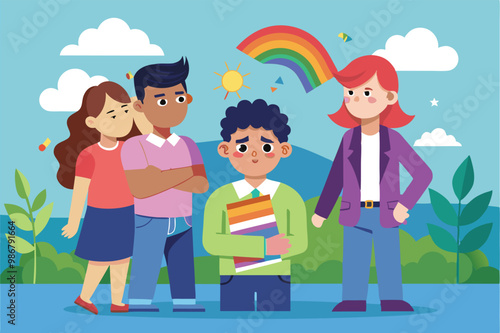A group of students interacts, with one facing bullying while holding books in a vibrant school environment, Customizable illustration depicting homophobic bullying
