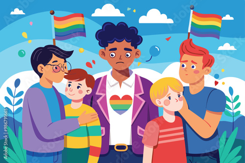 Young characters engage in a serious conversation about homophobia while enjoying a vibrant outdoor environment, Customizable illustration depicting homophobic bullying