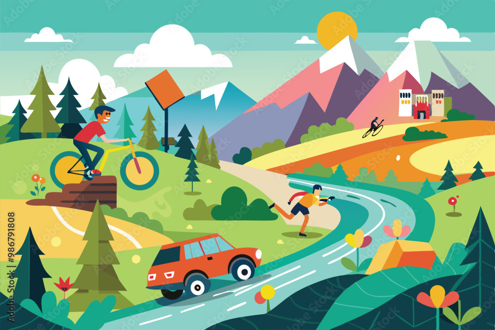 Obraz premium A cyclist rides on a trail while a runner jogs alongside a flowing river in a scenic, colorful landscape, Customizable Disproportionate Illustration for Fall