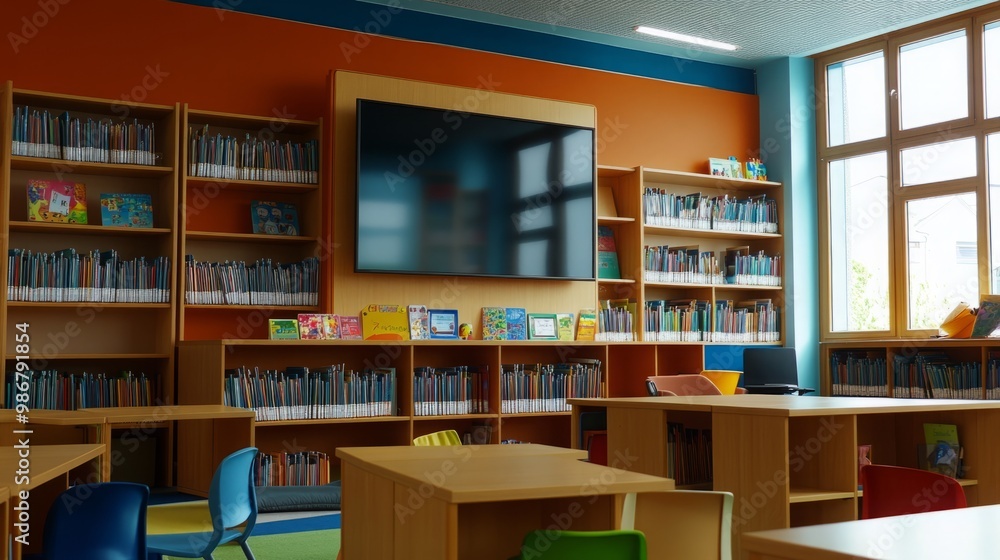 A modern school library featuring a spacious layout with bookshelves lining the walls and a large TV screen mounted prominently on one wall. The environment is bright and inviting A modern school library featuring a spacious layout with bookshelves lining the walls and a large TV screen mounted prominently on one wall. The environment is bright and inviting