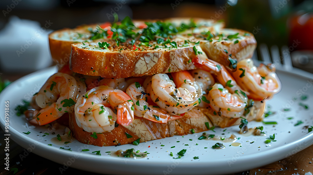 Shrimp Clam Sandwich in a white plate, in a luxurious shop. Shrimp Clam Sandwich in a white plate, in a luxurious shop.