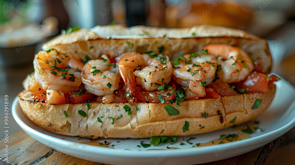Shrimp Clam Sandwich in a white plate, in a luxurious shop. Shrimp Clam Sandwich in a white plate, in a luxurious shop.