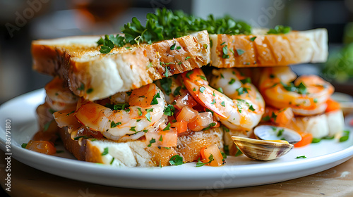 Shrimp Clam Sandwich in a white plate, in a luxurious shop.