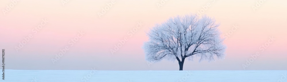 A solitary tree stands in a serene winter landscape, blanketed in snow under a pastel sky at dawn. A solitary tree stands in a serene winter landscape, blanketed in snow under a pastel sky at dawn.