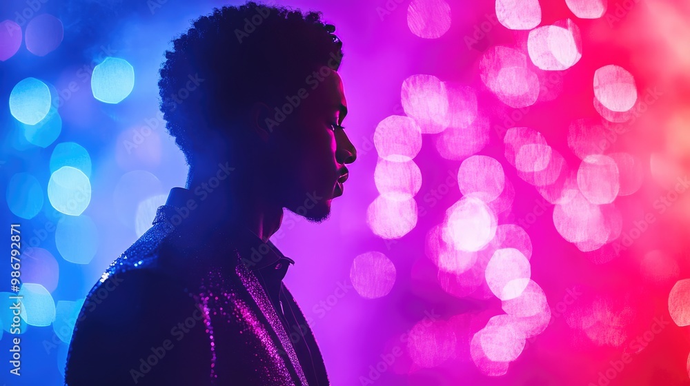 Silhouette of Stylish Man against Vibrant Neon Background with Bokeh Lights in Blue and Pink Silhouette of Stylish Man against Vibrant Neon Background with Bokeh Lights in Blue and Pink