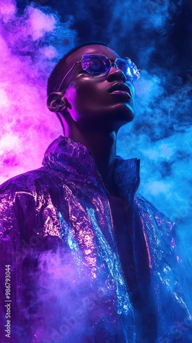 Futuristic Portrait of Stylish Man in Neon Smoke with Reflective Jacket and Sunglasses photo