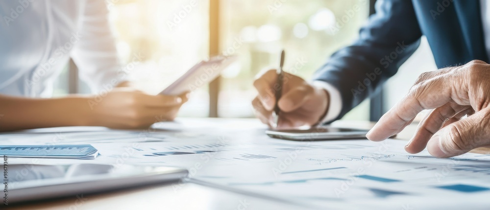Two people collaborating on a project, using a tablet and smartphone, surrounded by documents and charts in a bright office setting. Two people collaborating on a project, using a tablet and smartphone, surrounded by documents and charts in a bright office setting.