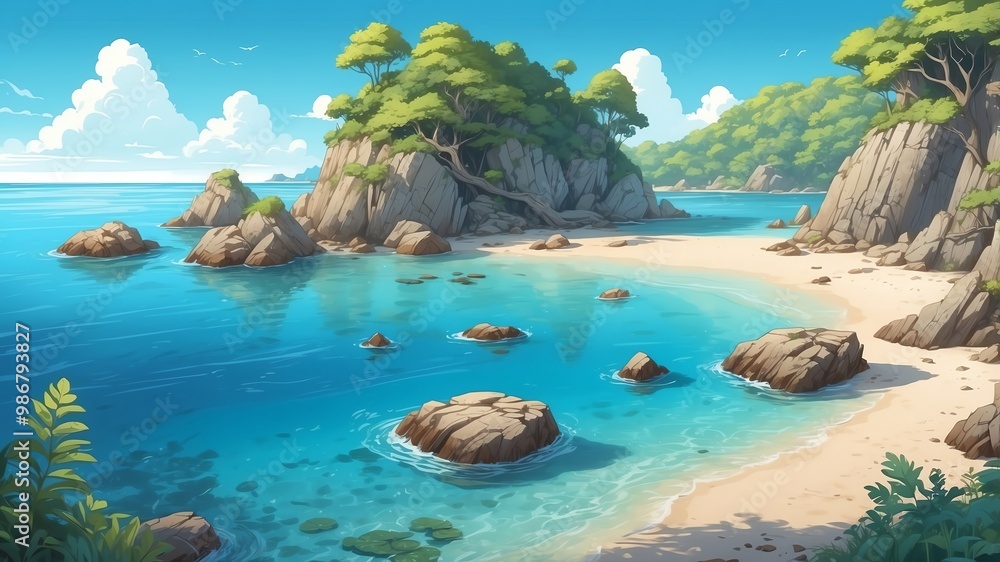 Fototapeta premium Secluded Cove with Clear Waters Cartoon Background Design