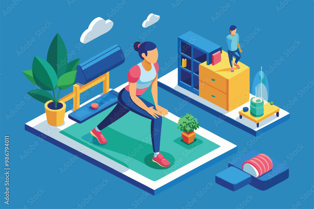 A woman engages in breathing exercises on a yoga mat while a child plays nearby in a cozy room, Customizable illustration for isometric breathing exercise. A woman engages in breathing exercises on a yoga mat while a child plays nearby in a cozy room, Customizable illustration for isometric breathing exercise.