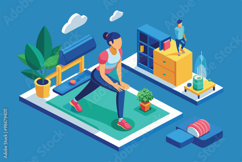 A woman engages in breathing exercises on a yoga mat while a child plays nearby in a cozy room, Customizable illustration for isometric breathing exercise.