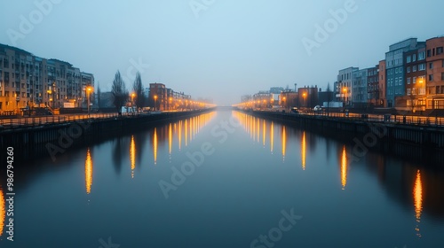 Industrial area at night, lights reflecting in a polluted river, long exposure, eerie mood