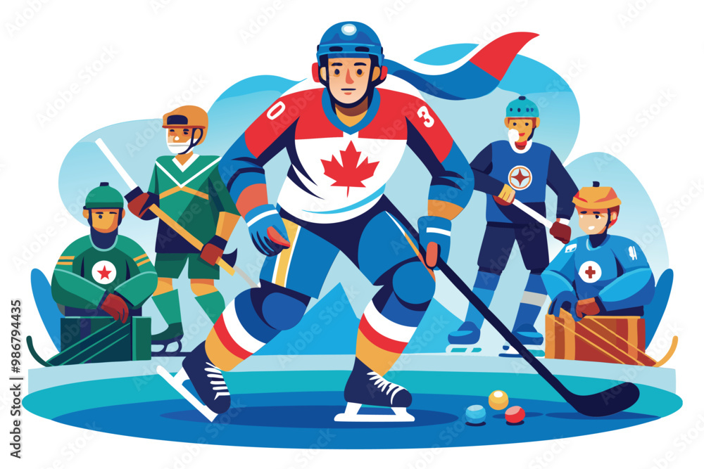 Fototapeta premium Para ice hockey players skillfully compete on the rink, showcasing teamwork and determination during a match, Customizable Semi Flat Illustration for Para Ice Hockey
