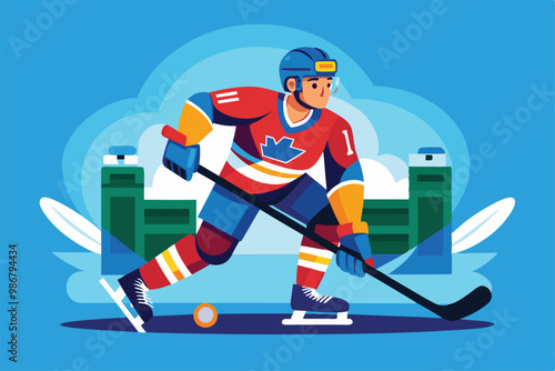 A para ice hockey player is skillfully maneuvering with a stick on a colorful rink backdrop, Customizable Semi Flat Illustration for Para Ice Hockey