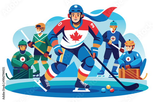 Para ice hockey players skillfully compete on the rink, showcasing teamwork and determination during a match, Customizable Semi Flat Illustration for Para Ice Hockey