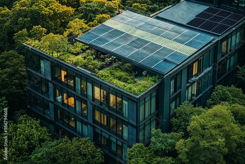 Modern building with rooftop garden and solar panels