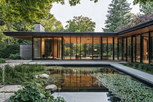 Modern house with glass walls and pond in garden