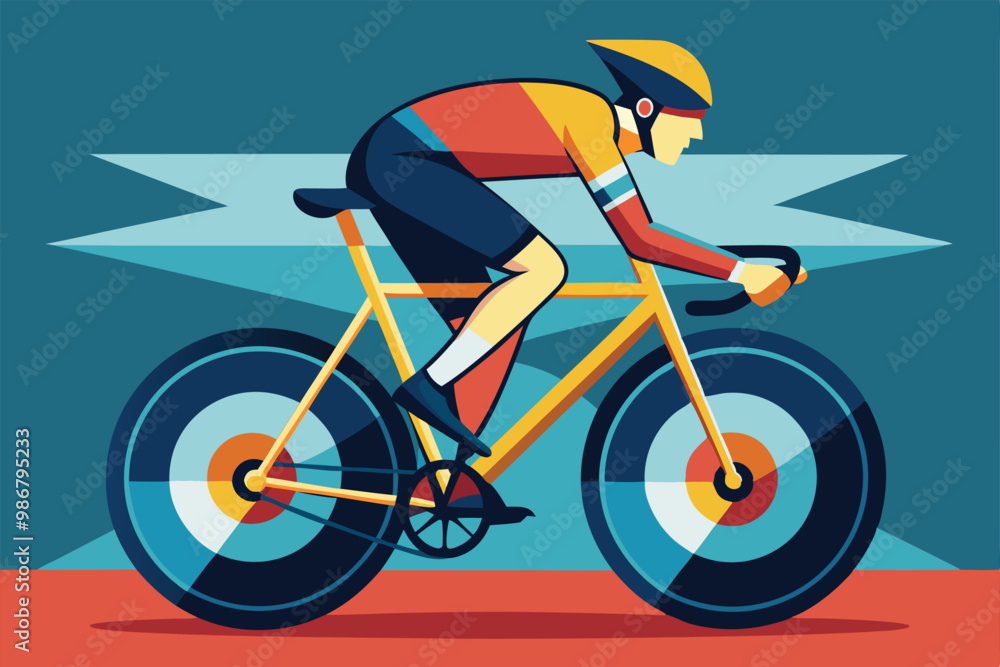 A cyclist speeds along the track, showcasing dynamic movement and a colorful design style, Customizable cartoon illustration for track cycling. A cyclist speeds along the track, showcasing dynamic movement and a colorful design style, Customizable cartoon illustration for track cycling.